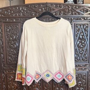 Fantastic Fawn Cream Sweatshirt with Colorful Crochet Trim